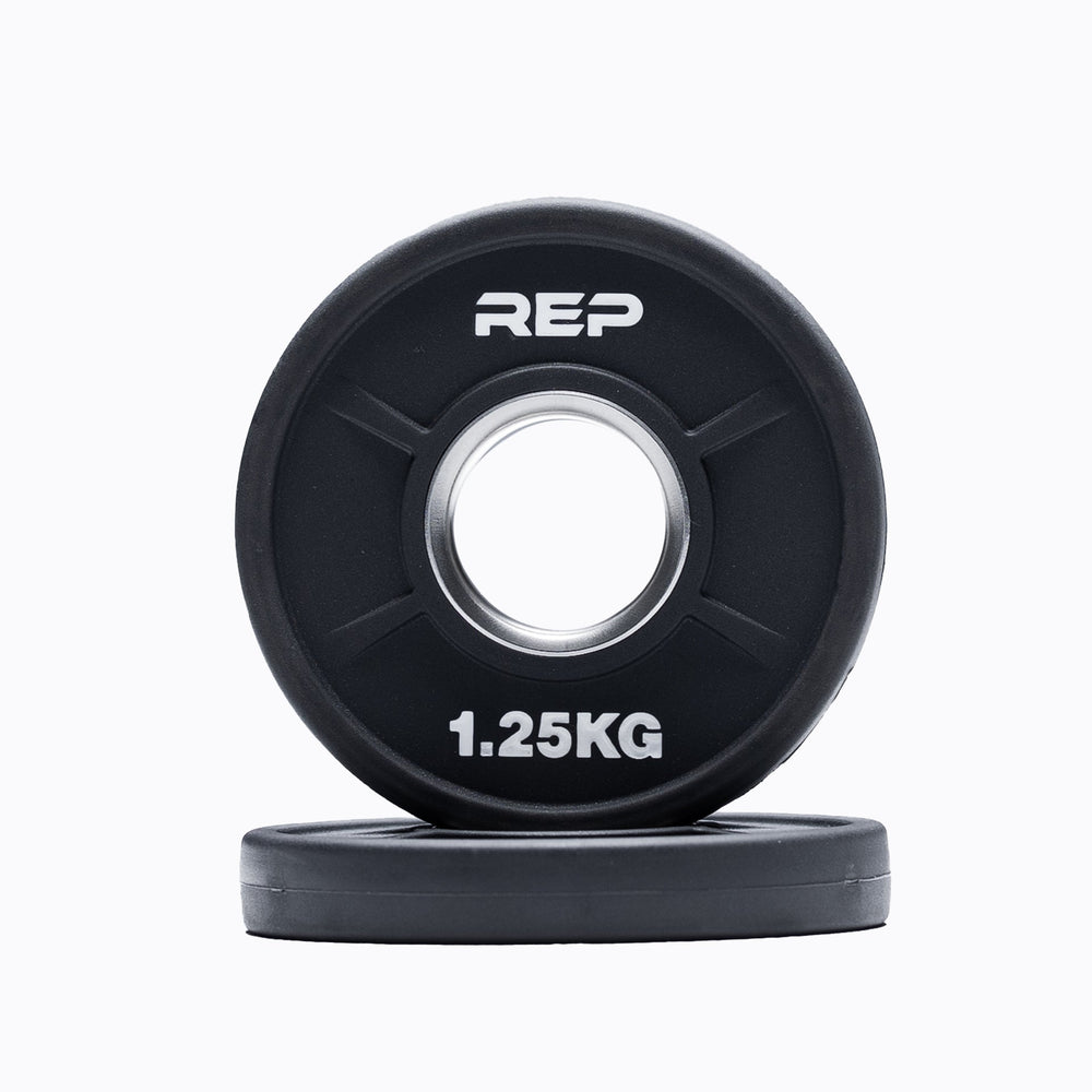 1.25KG High-quality urethane-coated Equalizer™ weight plate for Olympic barbells - premium, commercial-grade, durable, low-noise, odor-free iron plates with ergonomic grip holes, white inlay weight markings, and 3% weight tolerance from Rep Fitness UK | Shop Premium Gym Equipment for Home & Commercial Use, Best Online Gym Equipment UK