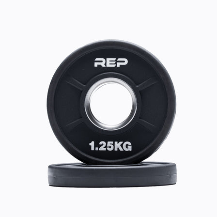 1.25KG High-quality urethane-coated Equalizer™ weight plate for Olympic barbells - premium, commercial-grade, durable, low-noise, odor-free iron plates with ergonomic grip holes, white inlay weight markings, and 3% weight tolerance from Rep Fitness UK | Shop Premium Gym Equipment for Home & Commercial Use, Best Online Gym Equipment UK