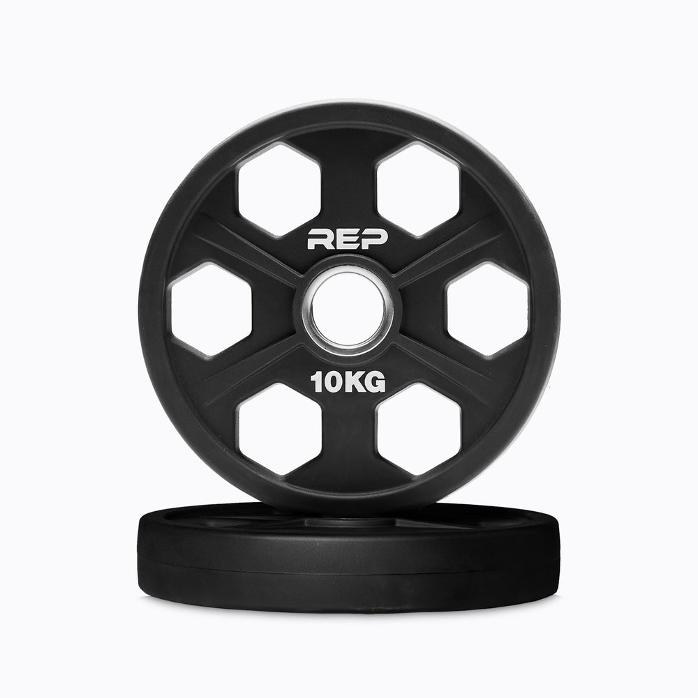 10KG High-quality urethane-coated Equalizer™ weight plate for Olympic barbells - premium, commercial-grade, durable, low-noise, odor-free iron plates with ergonomic grip holes, white inlay weight markings, and 3% weight tolerance from Rep Fitness UK | Shop Premium Gym Equipment for Home & Commercial Use, Best Online Gym Equipment UK
