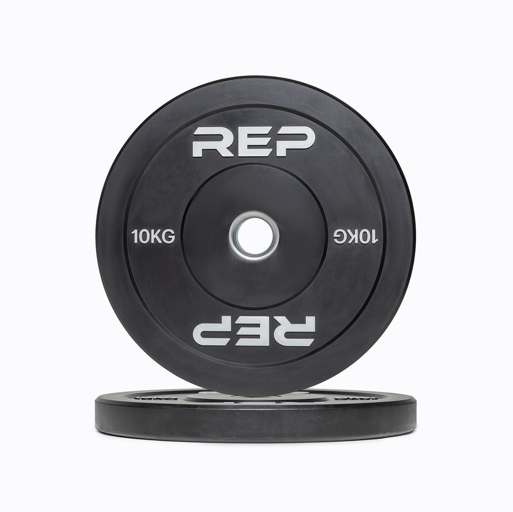 10kg Black bumper plate with 'REP' branding from Rep Fitness UK | Shop Premium Gym Equipment for Home & Commercial Use Online | Best Online Gym Equipment UK