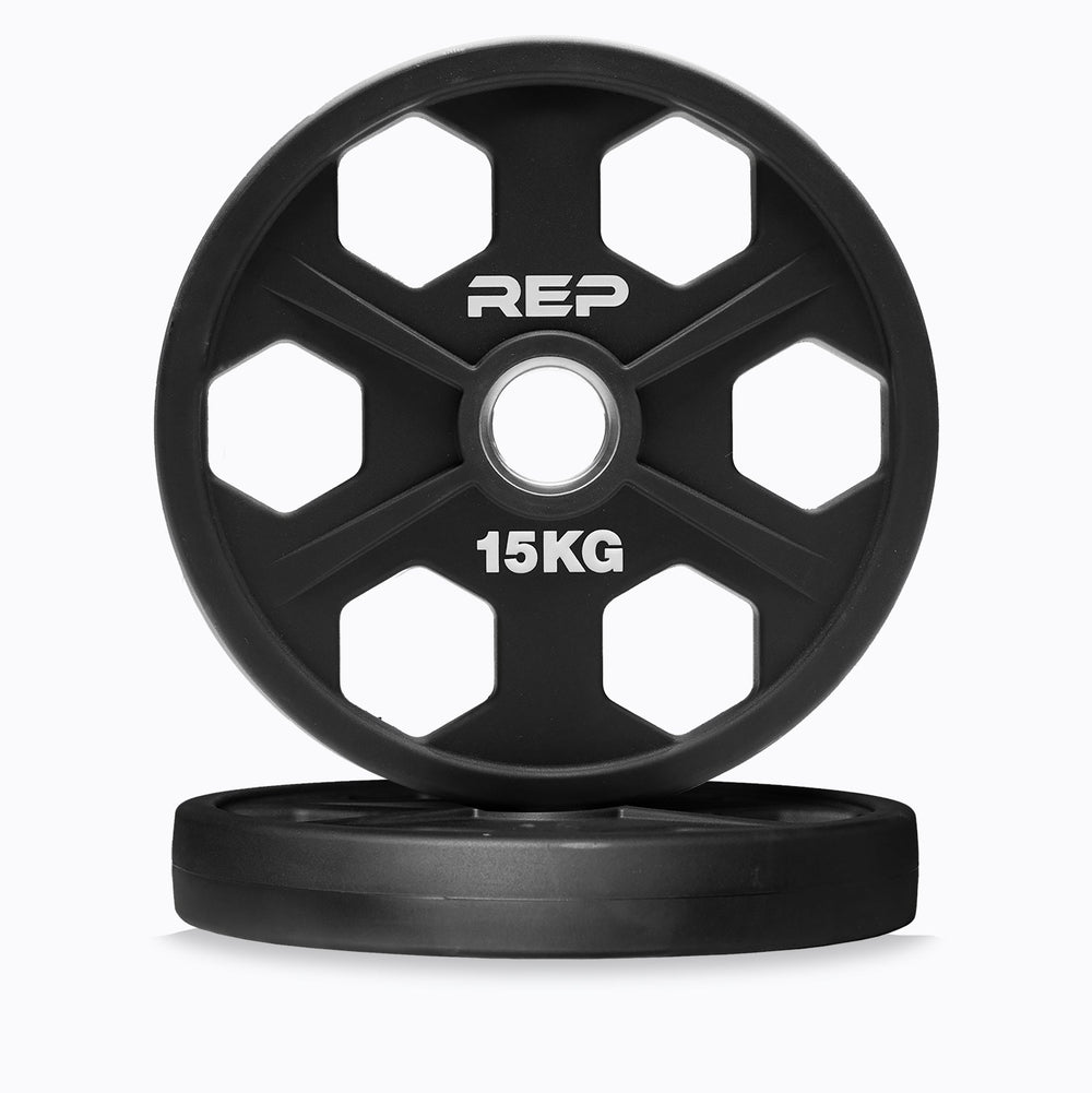 15KG High-quality urethane-coated Equalizer™ weight plate for Olympic barbells - premium, commercial-grade, durable, low-noise, odor-free iron plates with ergonomic grip holes, white inlay weight markings, and 3% weight tolerance from Rep Fitness UK | Shop Premium Gym Equipment for Home & Commercial Use, Best Online Gym Equipment UK