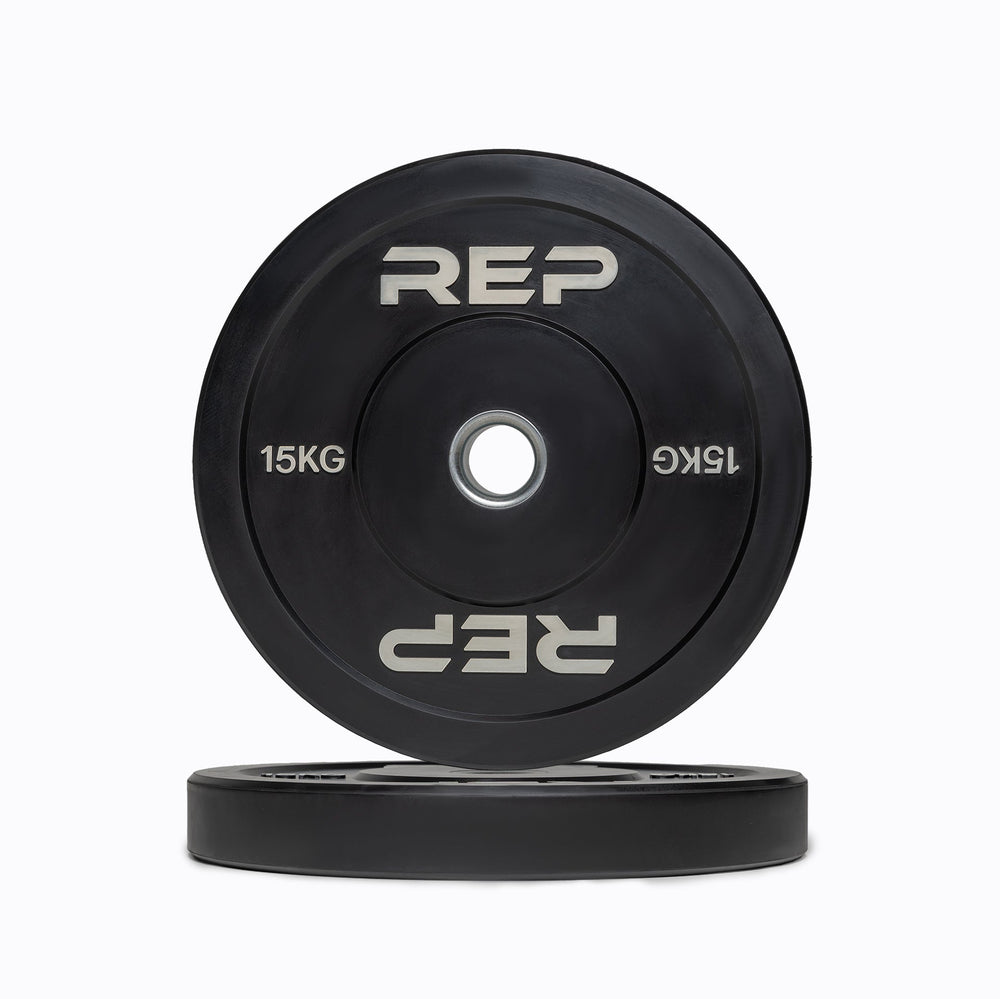 15kg Black bumper plate with 'REP' branding from Rep Fitness UK | Shop Premium Gym Equipment for Home & Commercial Use Online | Best Online Gym Equipment UK
