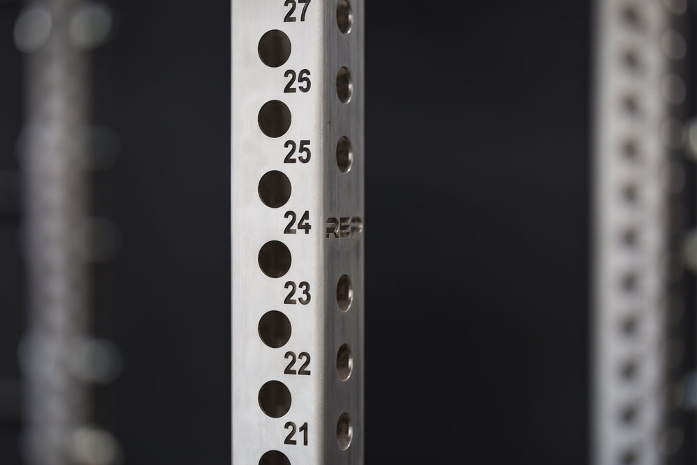 Close-up shot of the REP Fitness Stainless Steel Rack Uprights