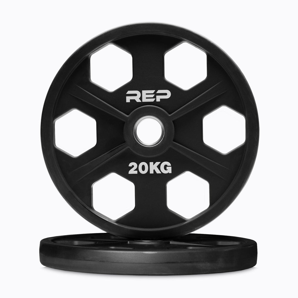 20KG High-quality urethane-coated Equalizer™ weight plate for Olympic barbells - premium, commercial-grade, durable, low-noise, odor-free iron plates with ergonomic grip holes, white inlay weight markings, and 3% weight tolerance from Rep Fitness UK | Shop Premium Gym Equipment for Home & Commercial Use, Best Online Gym Equipment UK