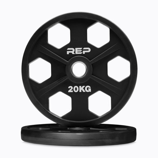 20KG High-quality urethane-coated Equalizer™ weight plate for Olympic barbells - premium, commercial-grade, durable, low-noise, odor-free iron plates with ergonomic grip holes, white inlay weight markings, and 3% weight tolerance from Rep Fitness UK | Shop Premium Gym Equipment for Home & Commercial Use, Best Online Gym Equipment UK