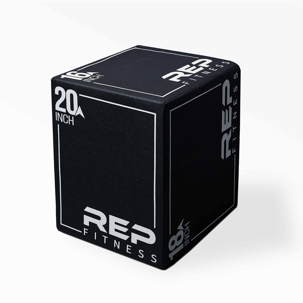 20" 3-in-1 Soft Plyo Box for safe plyometric training featuring a wood-core interior, impact-absorbing foam, non-slip textured vinyl, and clearly labeled height option for box jumps in home or garage gyms from Rep Fitness UK | Shop Premium Gym Equipment for Home & Commercial Use