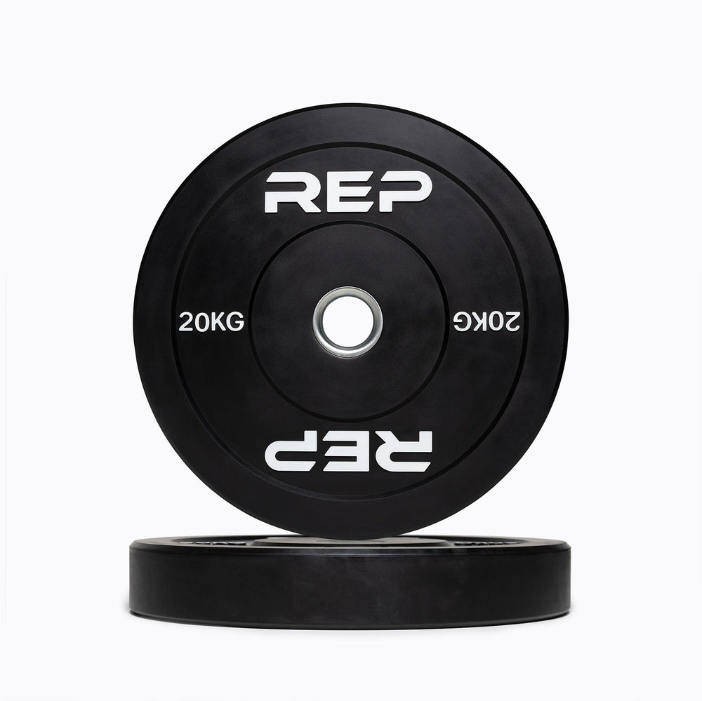 20kg Black bumper plate with 'REP' branding from Rep Fitness UK | Shop Premium Gym Equipment for Home & Commercial Use Online | Best Online Gym Equipment UK