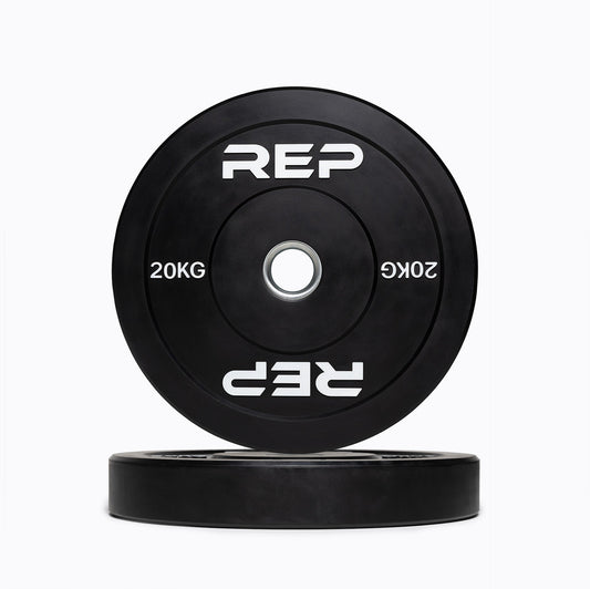 20kg Black bumper plate with 'REP' branding from Rep Fitness UK | Shop Premium Gym Equipment for Home & Commercial Use Online | Best Online Gym Equipment UK