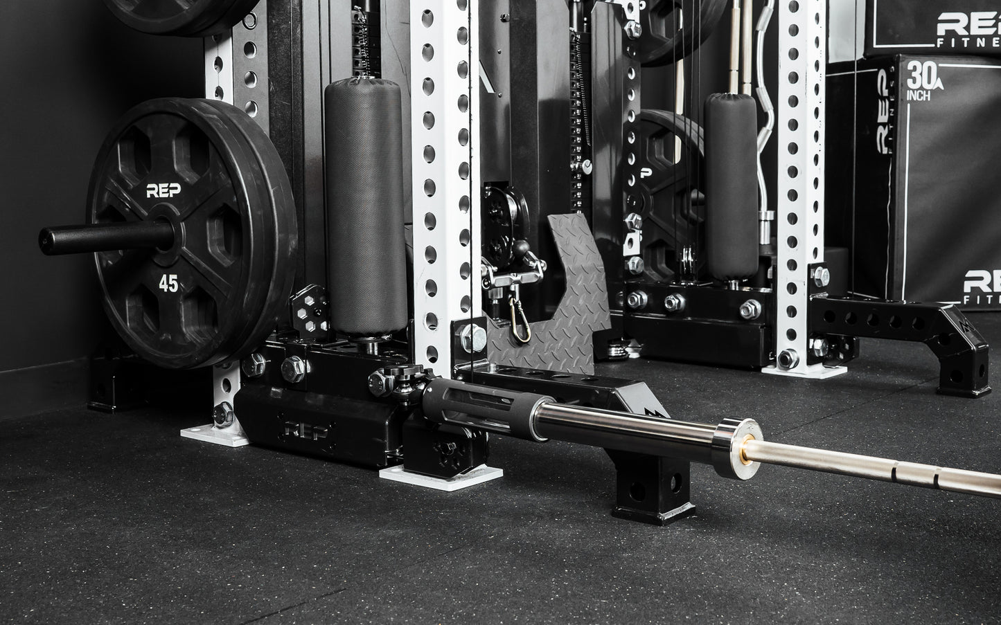 The Rack Mounted REP® x Kleva Built® Adroit Landmine installed on a REP 5000 series Front Foot Extension from Rep Fitness UK | Shop Premium Gym Equipment for Home & Commercial Use Online | Best Online Gym Equipment UK
