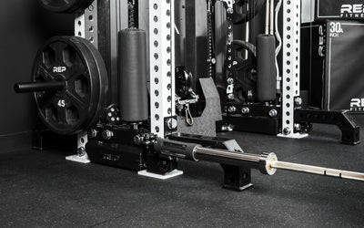 The Rack Mounted REP® x Kleva Built® Adroit Landmine installed on a REP 5000 series Front Foot Extension from Rep Fitness UK | Shop Premium Gym Equipment for Home & Commercial Use Online | Best Online Gym Equipment UK