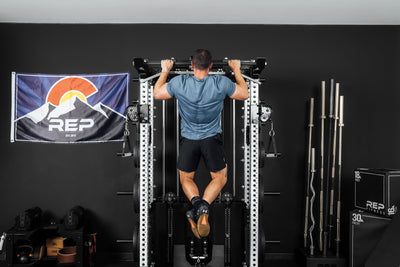 Close-Up of  Pull-Ups being performed on Ares 2.0 4-Post Pull-Up Bar and Pull-Up Bar Extension Brackets 
