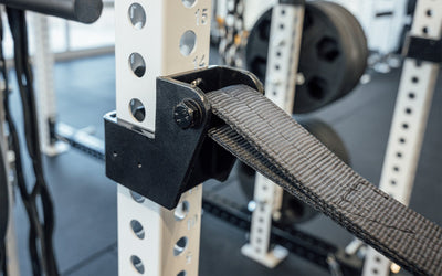 5000 Series Strap Safeties 2.0 Close Up Side view of Bracket and Strap, heavy-duty reinforced nylon safety straps for PR-5000, Omni, and 1000 Series power racks; ultra-durable, barbell-protecting, noise-reducing design with 1,000lb capacity, adjustable height ends, and patent-pending anti-rotation brackets for safe and versatile strength training from Rep Fitness UK | Shop Premium Gym Equipment for Home & Commercial Use, Best Online Gym Equipment