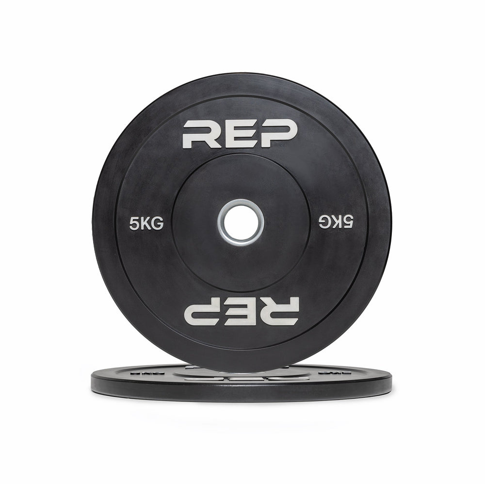 5kg Black bumper plate with 'REP' branding from Rep Fitness UK | Shop Premium Gym Equipment for Home & Commercial Use Online | Best Online Gym Equipment UK