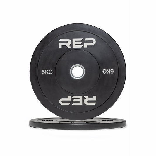 5kg Black bumper plate with 'REP' branding from Rep Fitness UK | Shop Premium Gym Equipment for Home & Commercial Use Online | Best Online Gym Equipment UK