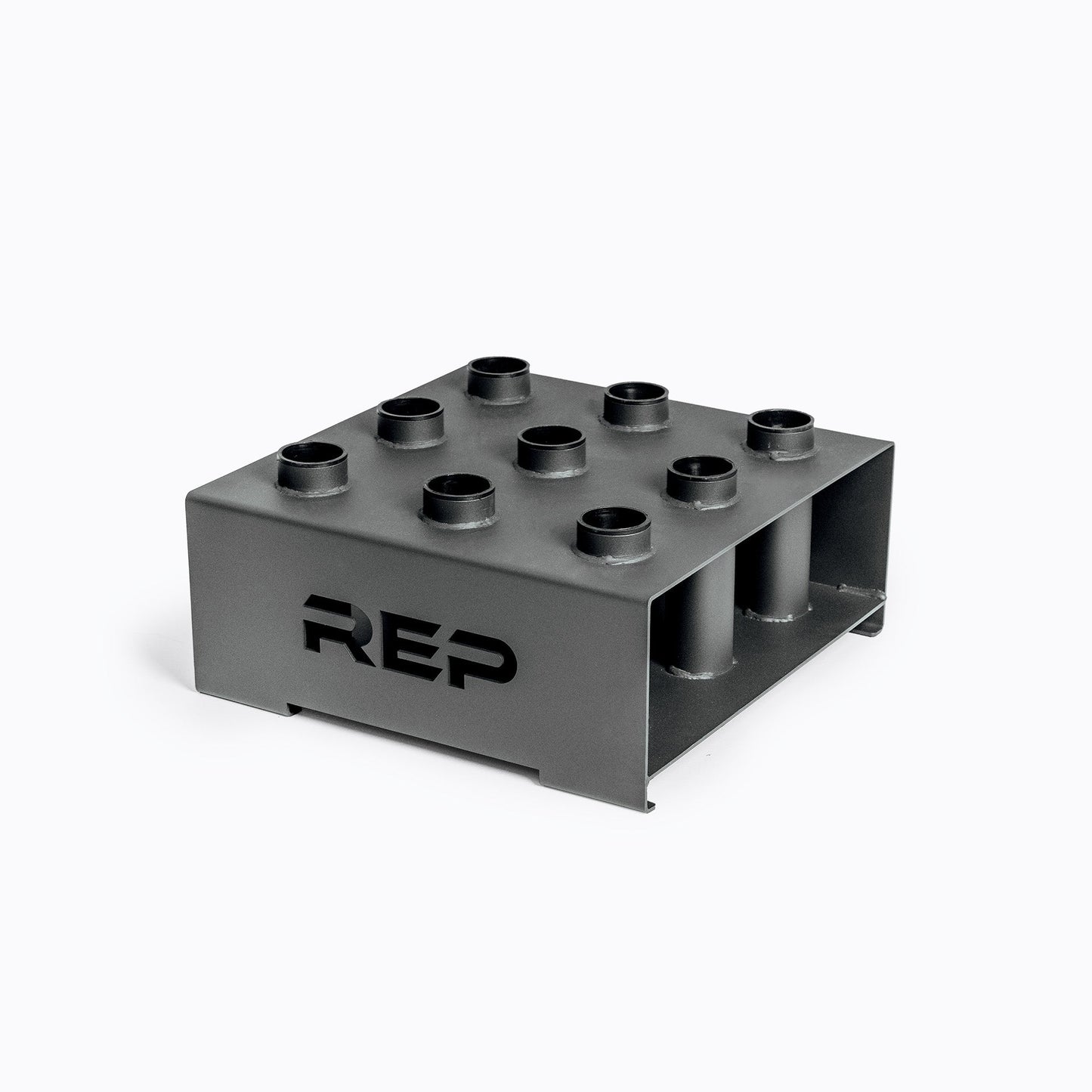 9-Bar Storage holder heavy-duty, vertical barbell holder for nine standard barbells, made from 7-gauge steel with plastic-lined tubes to protect bars, compact 18"x18" design with laser-cut REP logo for organized, space-saving gym storage from Rep Fitness UK | Shop Premium Gym Equipment for Home & Commercial Use, Best Online Gym Equipment UK