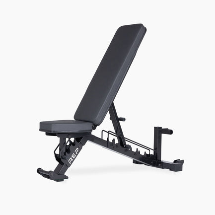 AB-4100 adjustable weight bench with ladder-style adjustment, CleanGrip pads, upright storage post, and compact black steel frame from Rep Fitness UK | Shop Best Premium Gym Equipment for Home & Commercial Use Online