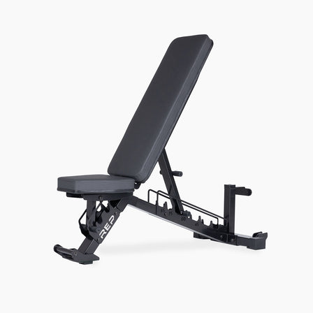 AB-4100 adjustable weight bench with ladder-style adjustment, CleanGrip pads, upright storage post, and compact black steel frame from Rep Fitness UK | Shop Best Premium Gym Equipment for Home & Commercial Use Online