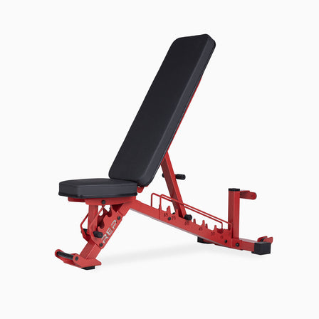 AB-4100 adjustable weight bench with ladder-style adjustment, CleanGrip pads, upright storage post, and compact red steel frame from Rep Fitness UK | Shop Best Premium Gym Equipment for Home & Commercial Use Online