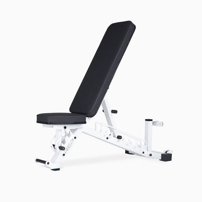AB-4100 adjustable weight bench with ladder-style adjustment, CleanGrip pads, upright storage post, and compact white steel frame from Rep Fitness UK | Shop Best Premium Gym Equipment for Home & Commercial Use Online