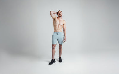 Athlete wearing dusty blue versa shorts