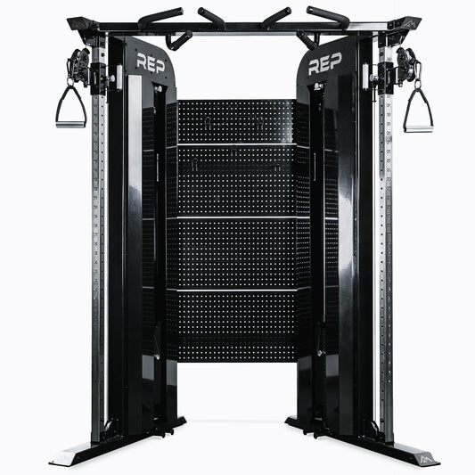 Rep Fitness Arcadia™ Max Functional Trainer weight stack upgrade with wide stance dual cable machine with pegboard panels 