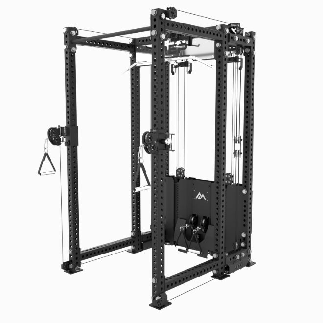 Rep Fitness Ares™ 2.0 Builder Functional Trainer Machine is a full-size cable machine power rack combo with weight stack and cable system in black 