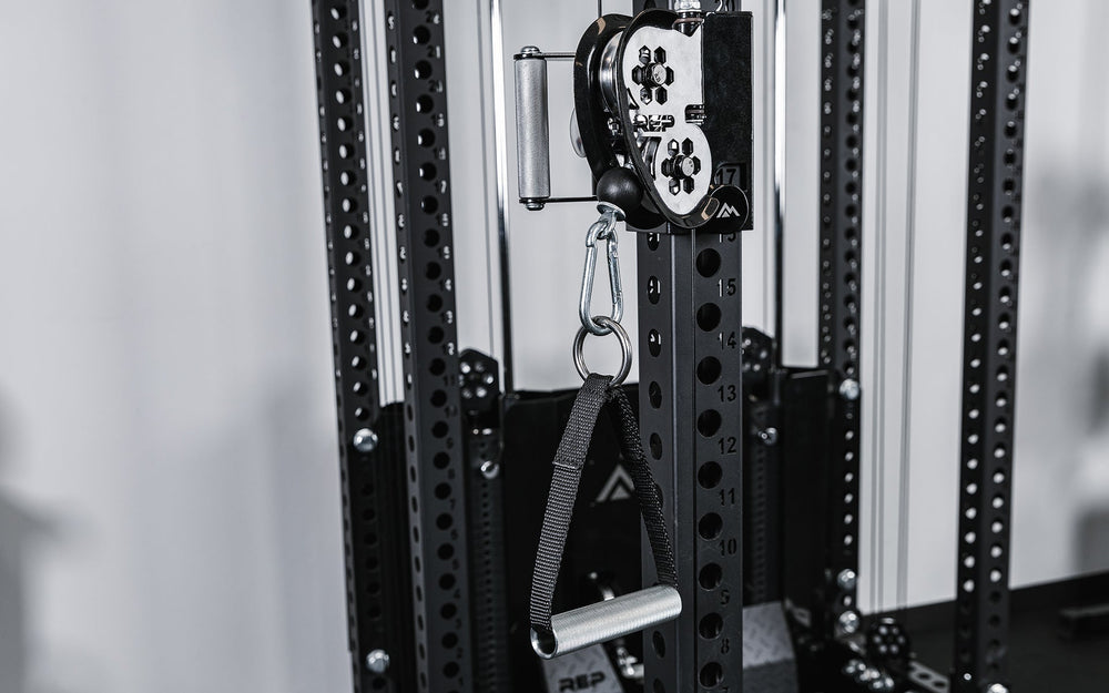 Close-up of hand grip, pulley  and attachments on Ares™ 2.0 cable attachment – fully integrated functional trainer and lat pulldown/low row for PR-5000 power racks, featuring dual weight stacks, smooth swivel pulleys, and versatile unilateral or bilateral training options from Rep Fitness UK | Shop Premium Gym Equipment for Home & Commercial Use, Best Online Gym Equipment UK