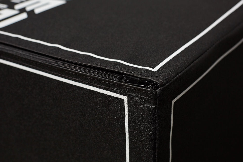 Close-up of zip of 3-in-1 Soft Plyo Box for safe plyometric training featuring a wood-core interior, impact-absorbing foam, non-slip textured vinyl, and clearly labeled height option for box jumps in home or garage gyms from Rep Fitness UK | Shop Premium Gym Equipment for Home & Commercial Use