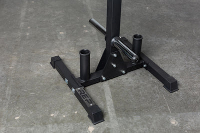 Close-up view of the bottom section of the REP Bar and Weight Plate Tree showing the bottom weight horns and the two barbell holders, Bar and Weight Plate Tree, heavy-duty storage tree rack for organized gym equipment storage and easy access in home and commercial fitness spaces from  Rep Fitness UK | Shop Premium Gym Equipment for Home & Commercial Use Online | Best Gym Equipment UK