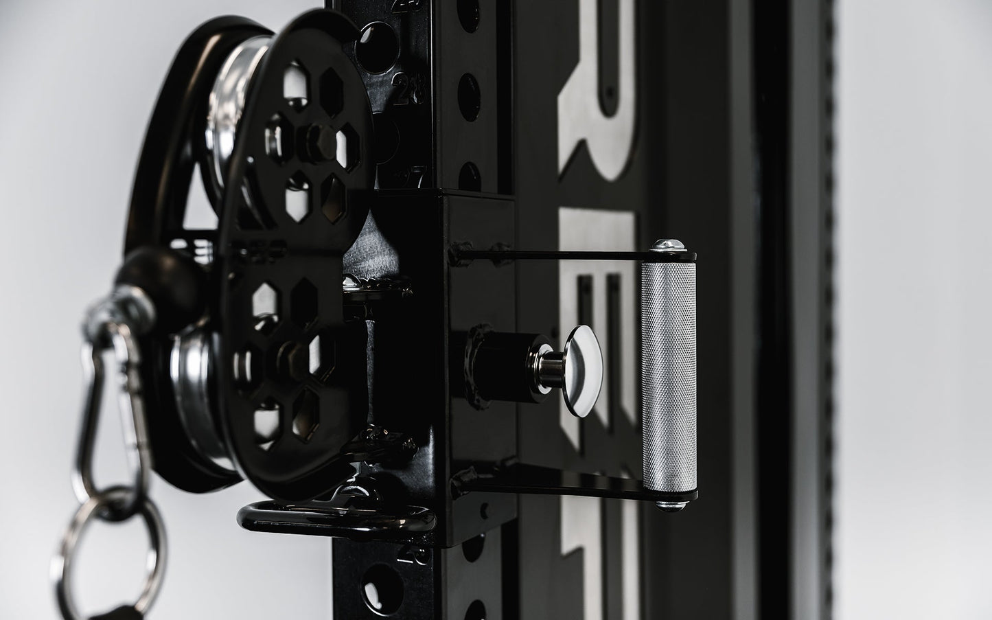 Close up of Adonis™ Cable Tower plate loaded, Selectorized with base support, premium space-saving cable machine for home or commercial gyms, 1:1 and 2:1 pulley ratios, 34 cable positions, and compatibility with REP’s 5000 Series racks, Pegasus™ attachment, and Modular Storage System for unmatched versatility and performance from Rep Fitness UK | Shop Premium Gym Equipment for Home & Commercial Use, Best Online Gym Equipment