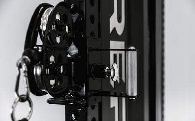 Close up of Adonis™ Cable Tower plate loaded, Selectorized with base support, premium space-saving cable machine for home or commercial gyms, 1:1 and 2:1 pulley ratios, 34 cable positions, and compatibility with REP’s 5000 Series racks, Pegasus™ attachment, and Modular Storage System for unmatched versatility and performance from Rep Fitness UK | Shop Premium Gym Equipment for Home & Commercial Use, Best Online Gym Equipment