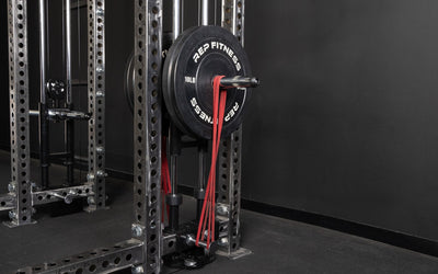 Close up of band pegs used for weight resistance, Band Pegs 2.0 – chrome-plated solid steel pegs; add resistance and storage versatility to your power rack; easy slide-in installation with cotter pin, perfect for banded squats, deadlifts, mobility work, and storing bands or attachments; lightweight yet durable design from Rep Fitness UK | Shop Premium Gym Equipment for Home & Commercial Use, Best Online Gym Equipment