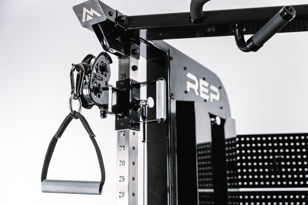 Closeup of Arcadia™ max stand-alone functional trainer, premium full-sized cable machine pulley cable system from Rep Fitness UK | Shop Premium Gym Equipment for Home & Commercial Use Online.
