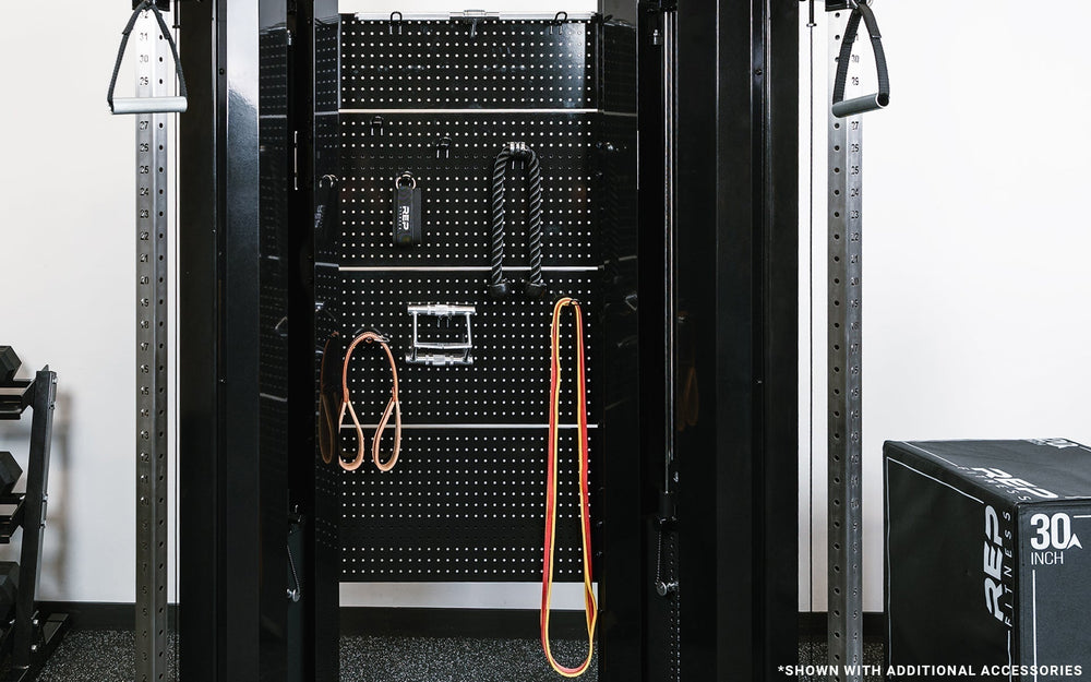 Closeup of Arcadia™ max stand-alone functional trainer, premium full-sized cable machine weight back board with rope and grips hanging on the board from Rep Fitness UK | Shop Premium Gym Equipment for Home & Commercial Use Online.