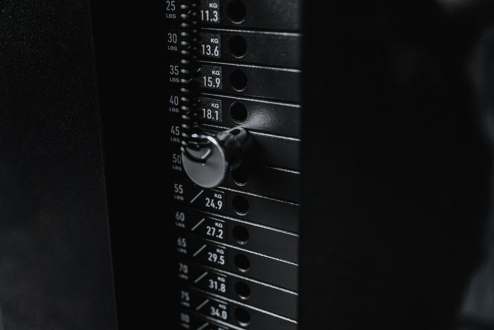 Closeup of Arcadia™ max stand-alone functional trainer, premium full-sized cable machine weight selector from Rep Fitness UK | Shop Premium Gym Equipment for Home & Commercial Use Online.