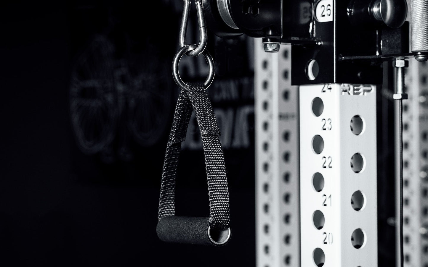 Neoprene D-handle Attached to Cable Machine with Carabiner from Rep Fitness UK | Shop Best Premium Gym Equipment for Home & Commercial Use Online