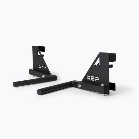 Drop-In Dip Attachment, heavy-duty 11-gauge steel dip handles for power racks; 810 lb capacity, double C-cup mounting for stability, plastic-lined brackets to protect uprights, matte black powder coat textured grips, and laser-cut REP mountain design for premium aesthetic from Rep Fitness UK | Shop Premium Gym Equipment for Home & Commercial Use, Best Online Gym Equipment UK