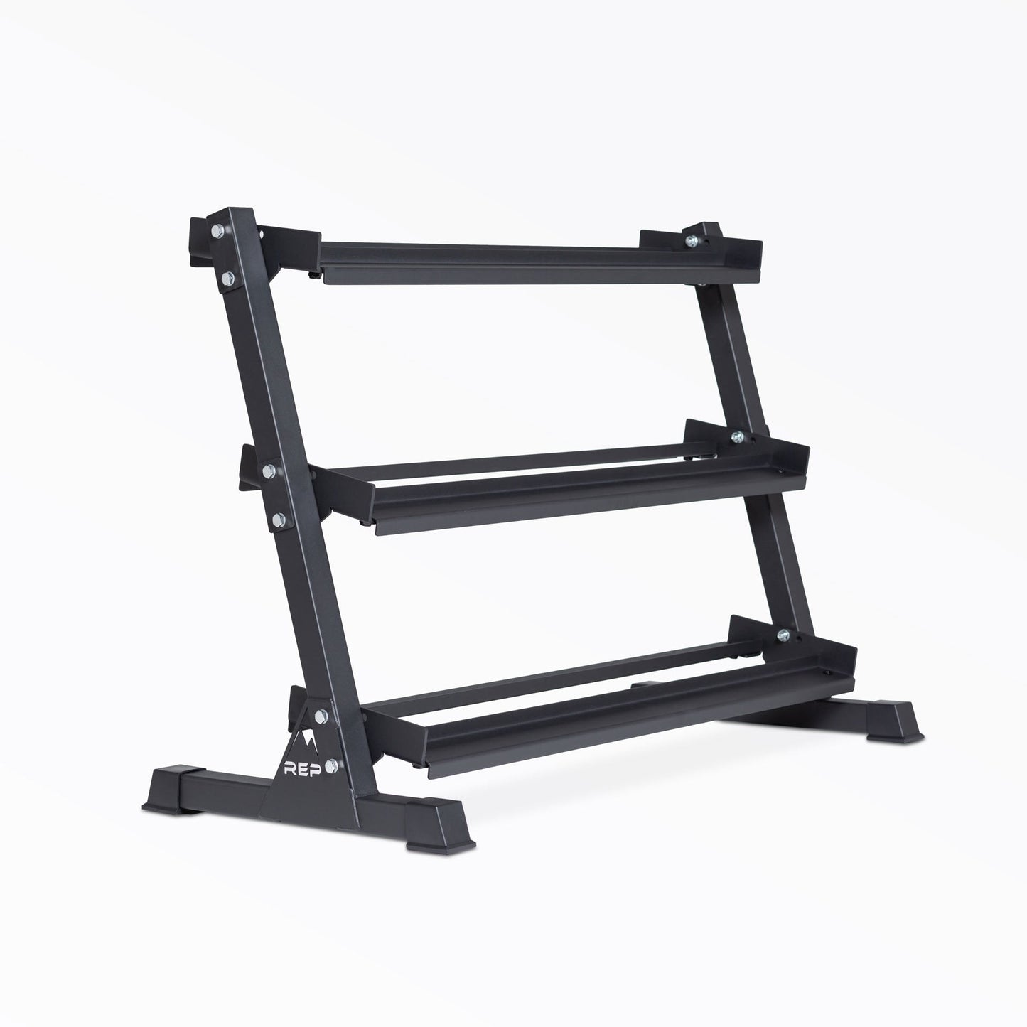 Dumbbell_Rack-Matte Black 3-tiered REP, Heavy-duty three-tier dumbbell rack with durable 11-gauge steel shelves, compact footprint, and 1" lip for secure storage  fits REP rubber hex and urethane dumbbells, available in multiple colors with easy zinc-coated hardware assembly from Rep Fitness UK | Shop Premium Gym Equipment for Home & Commercial Use, Best Online Gym Equipment UK
