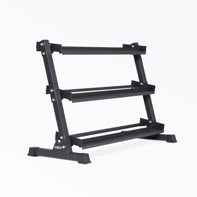 Dumbbell_Rack-Matte Black 3-tiered REP, Heavy-duty three-tier dumbbell rack with durable 11-gauge steel shelves, compact footprint, and 1" lip for secure storage  fits REP rubber hex and urethane dumbbells, available in multiple colors with easy zinc-coated hardware assembly from Rep Fitness UK | Shop Premium Gym Equipment for Home & Commercial Use, Best Online Gym Equipment UK
