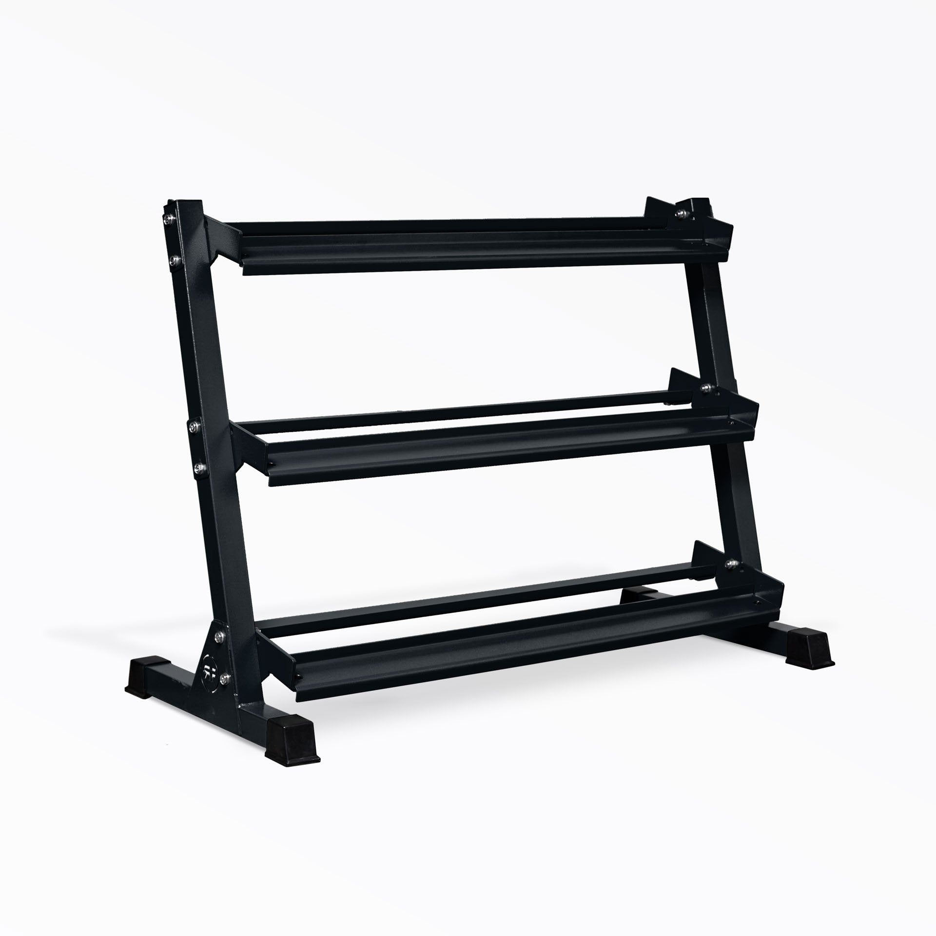 Dumbbell_Rack-Metallic 3-tiered metallic black REP, Heavy-duty three-tier dumbbell rack with durable 11-gauge steel shelves, compact footprint, and 1