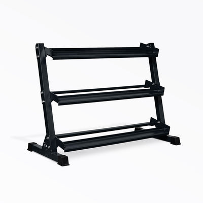 Dumbbell_Rack-Metallic 3-tiered metallic black REP, Heavy-duty three-tier dumbbell rack with durable 11-gauge steel shelves, compact footprint, and 1" lip for secure storage - fits REP rubber hex and urethane dumbbells, available in multiple colors with easy zinc-coated hardware assembly | REP Fitness UK best online gym home and commercial
