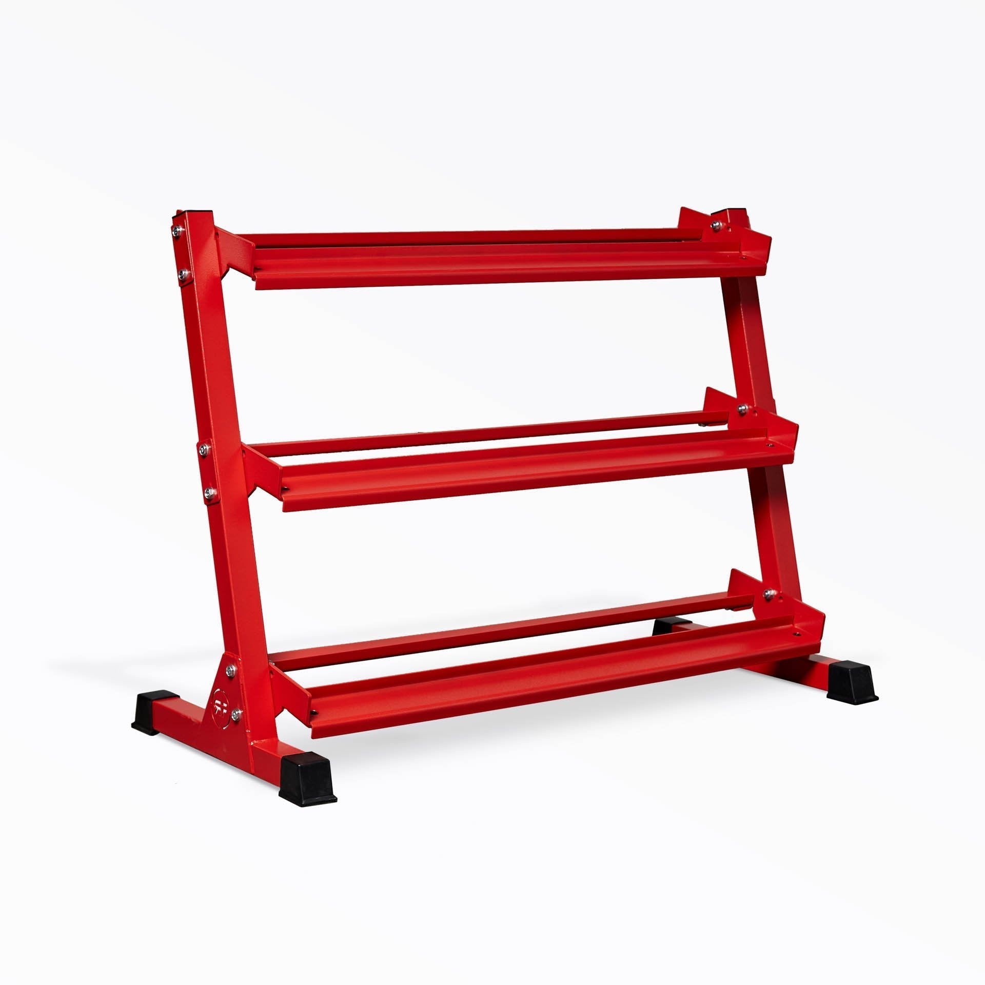 Dumbbell_Rack-Red 3-tiered REP, Heavy-duty three-tier dumbbell rack with durable 11-gauge steel shelves, compact footprint, and 1