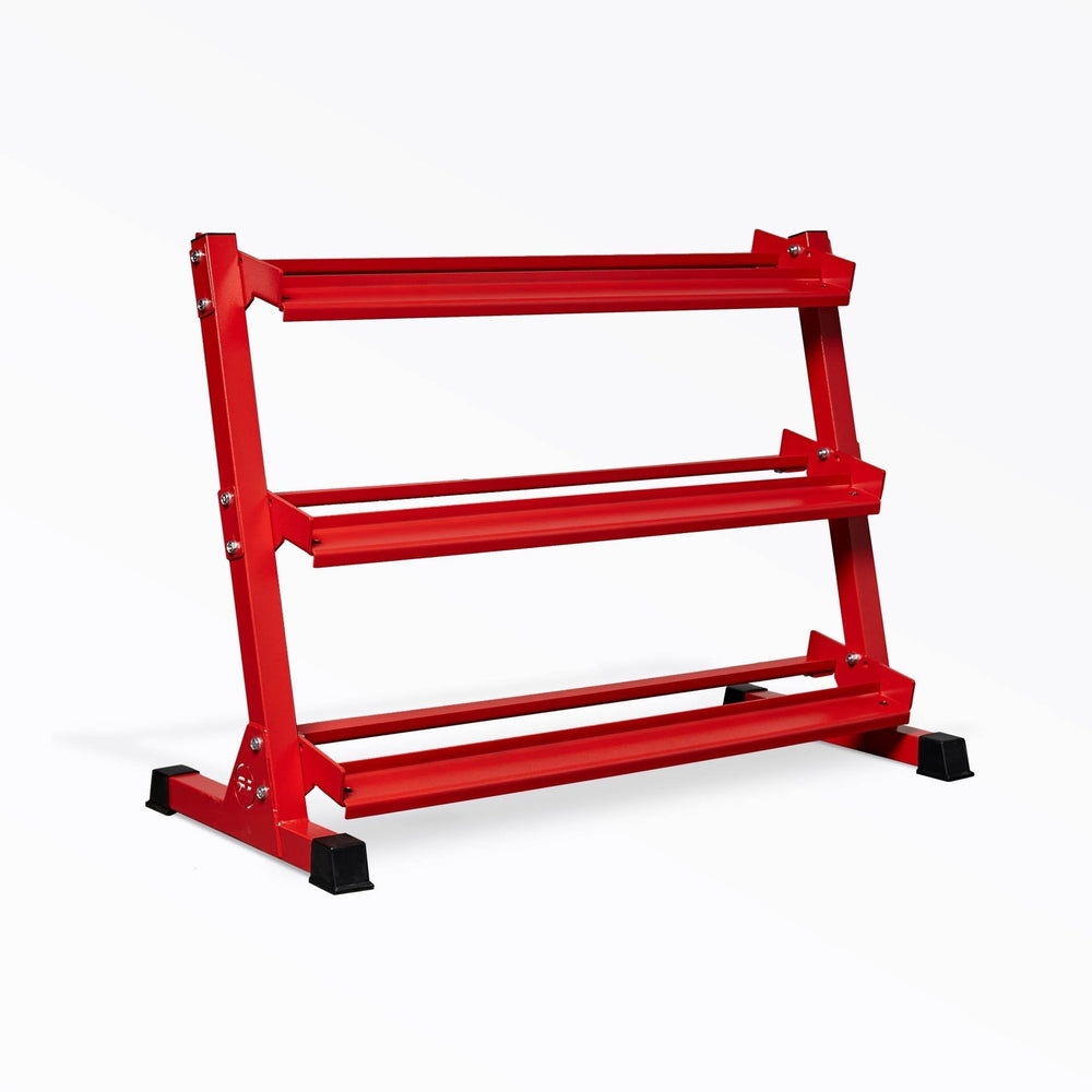 Dumbbell_Rack-Red 3-tiered REP, Heavy-duty three-tier dumbbell rack with durable 11-gauge steel shelves, compact footprint, and 1" lip for secure storage  fits REP rubber hex and urethane dumbbells, available in multiple colors with easy zinc-coated hardware assembly from Rep Fitness UK | Shop Premium Gym Equipment for Home & Commercial Use, Best Online Gym Equipment UK