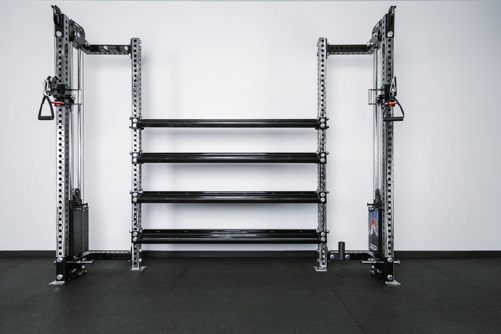 Dumbbell and Kettlebell Storage Shelves installed on a wall rack, heavy-duty 11-gauge reversible gym storage shelf for dumbbells, kettlebells, balls, and accessories; 72” metallic black powder-coated rack with laser-cut REP logo, secure lips, and bolt-on design compatible with 4000 and 5000 Series power racks for organized home or commercial gym storage from Rep Fitness UK | Shop Premium Gym Equipment for Home & Commercial Use, Best Online Gym Equipment UK