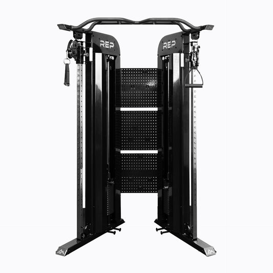 Rep Fitness Arcadia™ Functional Trainer weight stack upgrade, our dual cable machine with pegboard storage in matte black finish 