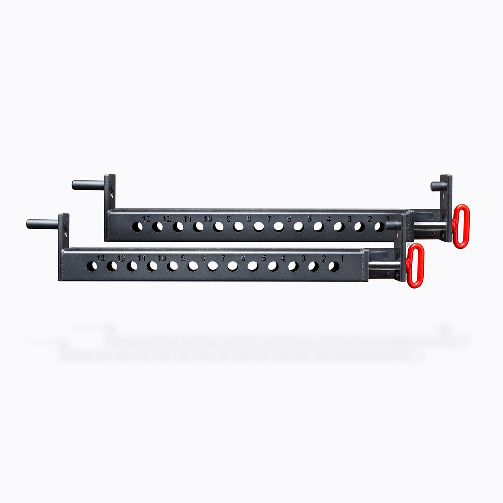 Flip-Down Safeties 5000 Series Racks, heavy-duty 11-gauge steel safety arms for power racks; 1,000 lb and 700 lb capacities, quick-lock clevis pin design, protective liners for barbell and uprights, and 1” side holes compatible with Leg Roller, Utility Horn, and Band Peg attachments rom Rep Fitness UK | Shop Premium Gym Equipment for Home & Commercial Use, Best Online Gym Equipment UK