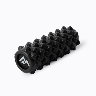 Black textured foam roller with a brand logo on a white background perfect for workout recovery from Rep Fitness UK | Shop Best Premium Gym Equipment for Home & Commercial Use Online