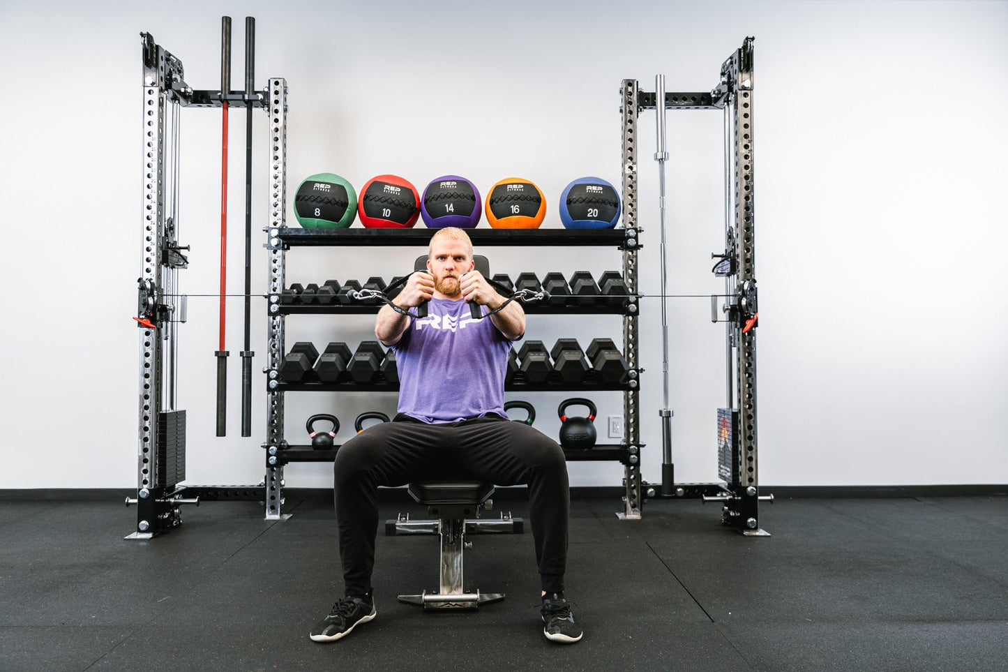 L Shaped Crossmembers shown in a full rack set up with multiple storage options from Rep Fitness UK | Shop Best Premium Gym Equipment for Home & Commercial Use Online