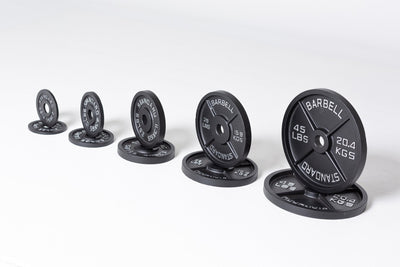 Old School Iron weight plates featuring a classic one-sided design, deep grip lip, matte black finish, and raised silver lettering, compatible with Olympic barbells. from Rep Fitness UK | Shop Best Premium Gym Equipment for Home & Commercial Use Online