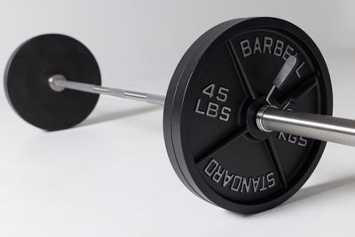 Barbell loaded with two pairs of 45lb Old School Iron Plates and spring clips. from Rep Fitness UK | Shop Best Premium Gym Equipment for Home & Commercial Use Online